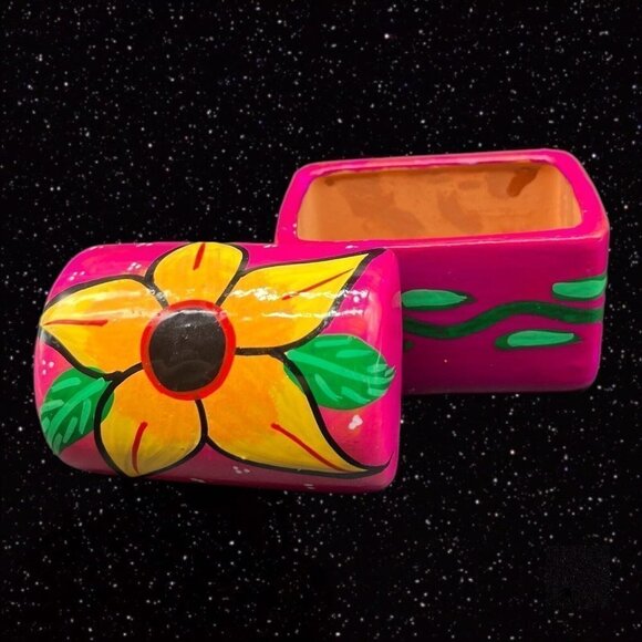 Mexican Pottery Red Ware Trinket Box Magenta Sunflower Painted 3.25”W 3”T - Picture 1 of 9